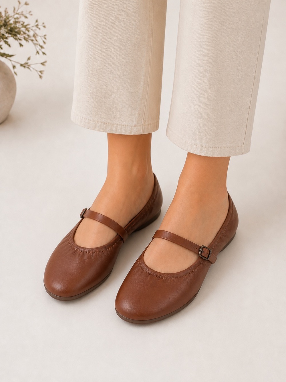 Earth Brown Mary Jane Flats with Adjustable Strap